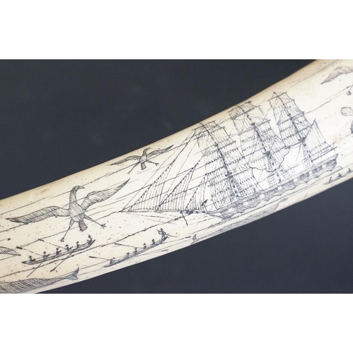 138 - Faux scrimshaw resin whale tooth carved with 'The Ship - Charles W. Morgan - New Bedford', approx 58... 