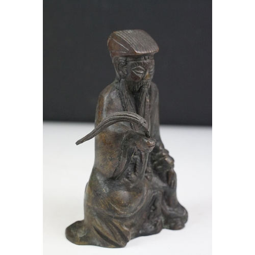 150 - Chinese bronze figure of an old man in traditional dress, approx 17cm tall