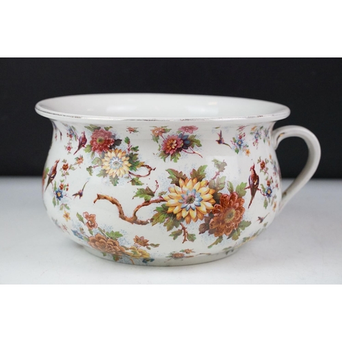 55 - Portuguese ceramic chamber pot decorated with birds perched upon flowering branches (hand painted & ... 