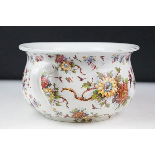 55 - Portuguese ceramic chamber pot decorated with birds perched upon flowering branches (hand painted & ... 