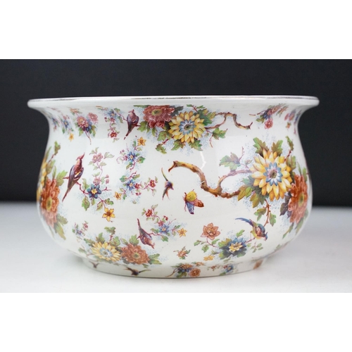 55 - Portuguese ceramic chamber pot decorated with birds perched upon flowering branches (hand painted & ... 