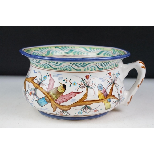 55 - Portuguese ceramic chamber pot decorated with birds perched upon flowering branches (hand painted & ... 