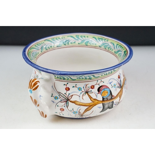 55 - Portuguese ceramic chamber pot decorated with birds perched upon flowering branches (hand painted & ... 