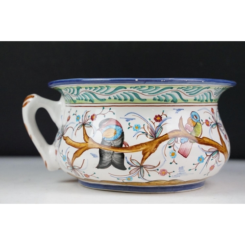 55 - Portuguese ceramic chamber pot decorated with birds perched upon flowering branches (hand painted & ... 