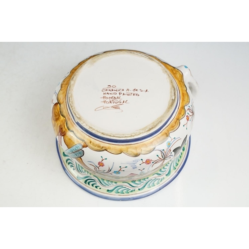 55 - Portuguese ceramic chamber pot decorated with birds perched upon flowering branches (hand painted & ... 