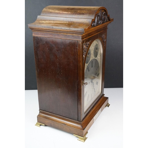 171 - Early 20th century mahogany cased chiming mantel clock, the silvered dial with Roman numerals, with ... 