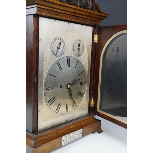 171 - Early 20th century mahogany cased chiming mantel clock, the silvered dial with Roman numerals, with ... 