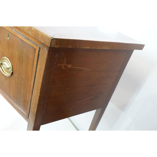 674 - Edwardian mahogany inlaid bowfront sideboard, the central drawer flanked by two cupboard doors, on s... 