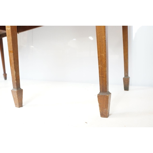 674 - Edwardian mahogany inlaid bowfront sideboard, the central drawer flanked by two cupboard doors, on s... 