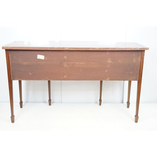 674 - Edwardian mahogany inlaid bowfront sideboard, the central drawer flanked by two cupboard doors, on s... 