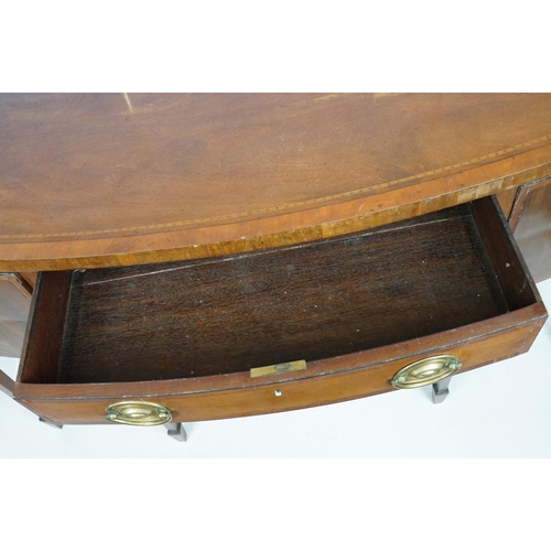 674 - Edwardian mahogany inlaid bowfront sideboard, the central drawer flanked by two cupboard doors, on s... 