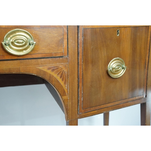 674 - Edwardian mahogany inlaid bowfront sideboard, the central drawer flanked by two cupboard doors, on s... 