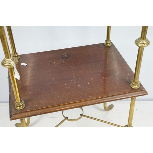 683 - Mahogany two tier table with brass supports and x-stretcher, 80cm high x 45cm wide x 36cm deep