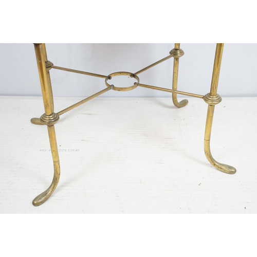 683 - Mahogany two tier table with brass supports and x-stretcher, 80cm high x 45cm wide x 36cm deep