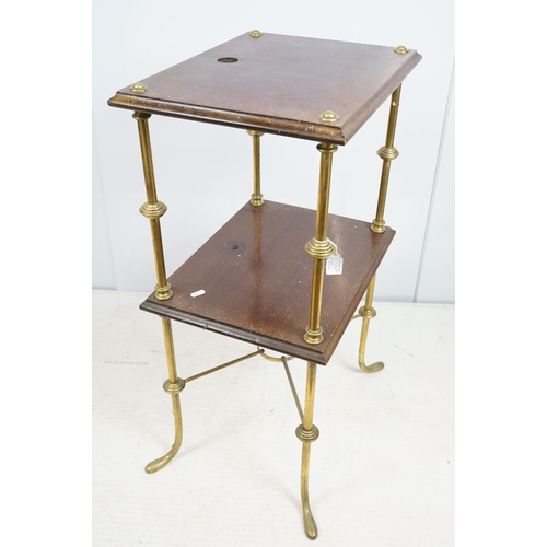 683 - Mahogany two tier table with brass supports and x-stretcher, 80cm high x 45cm wide x 36cm deep