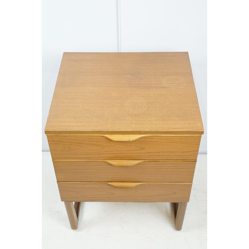 698 - Mid century bedside chest of three drawers, by Europa Furniture, with maker's label, 69.5cm high x 4... 