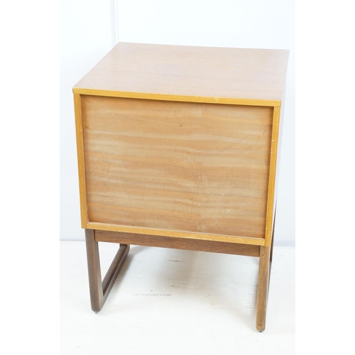 698 - Mid century bedside chest of three drawers, by Europa Furniture, with maker's label, 69.5cm high x 4... 