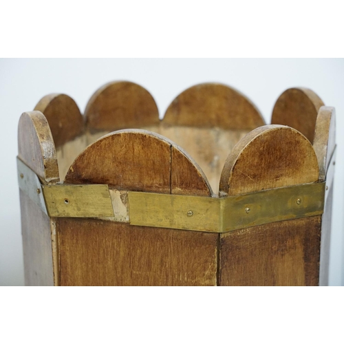 717 - Pair of planters of planked form, with coopered banding on square tapering legs, one with lead liner... 