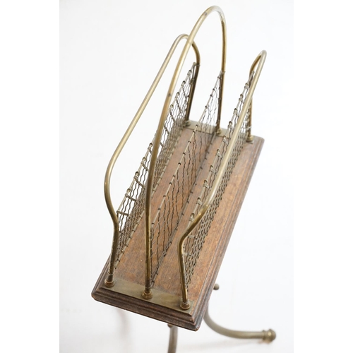 720 - Early 20th century brass and oak magazine rack on brass stand, 78cm high x 36cm wide