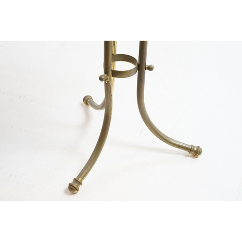 720 - Early 20th century brass and oak magazine rack on brass stand, 78cm high x 36cm wide