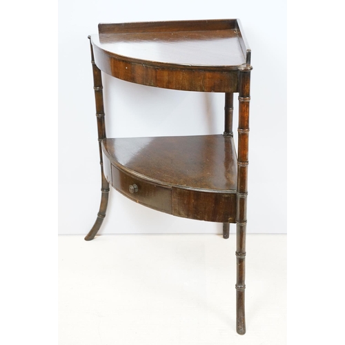 754 - Mahogany two tier table corner table, the legs carved to resemble bamboo, the bottom tier with centr... 