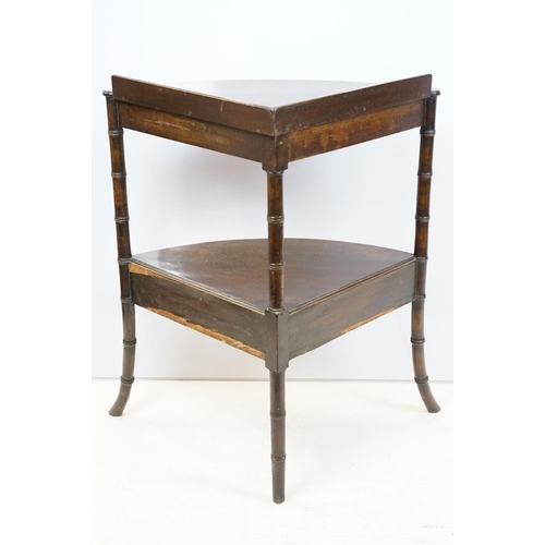 754 - Mahogany two tier table corner table, the legs carved to resemble bamboo, the bottom tier with centr... 