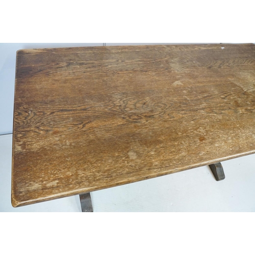 758 - 20th century oak table of lyre end stretchered form, 75cm high x 150.5cm wide x 75.5cm deep