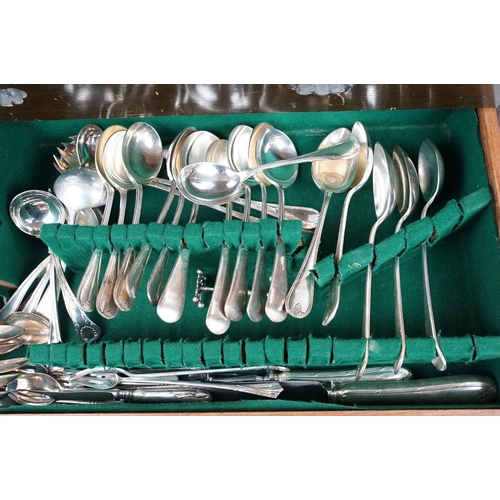 130 - Part canteen of Mappin & Webb silver plated cutlery, housed within a three drawer mahogany cabinet, ... 