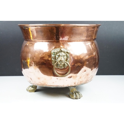 157 - Large Antique Copper Cauldron type Planter or Jardiniere, with rolled rim and brass Lion Mask ring h... 