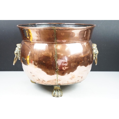 157 - Large Antique Copper Cauldron type Planter or Jardiniere, with rolled rim and brass Lion Mask ring h... 