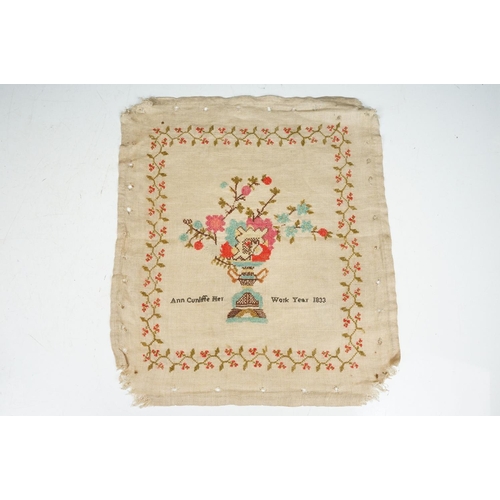 164 - Group of five 19th century needlework samplers to include a sampler depicting flowers in a vase (dat... 