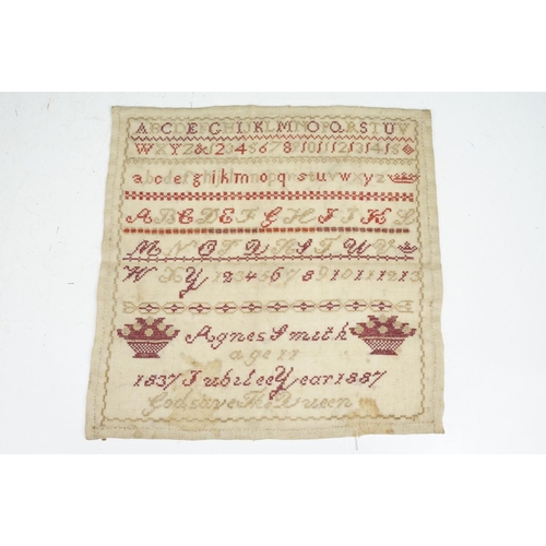 164 - Group of five 19th century needlework samplers to include a sampler depicting flowers in a vase (dat... 