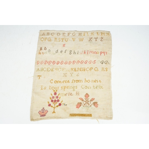 164 - Group of five 19th century needlework samplers to include a sampler depicting flowers in a vase (dat... 