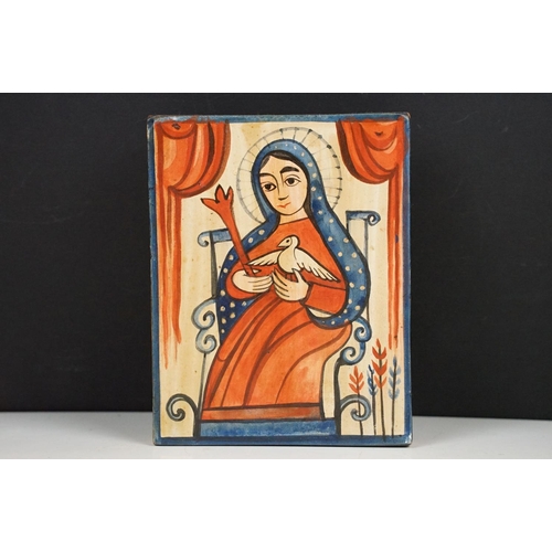 167 - Three painted wooden religious icons to include a gilt ground example (approx 41cm x 27cm)