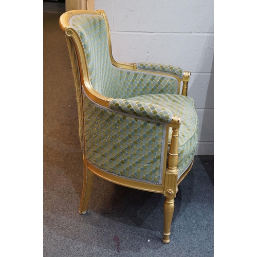 642 - Gilt framed French style armchair with floral motifs & upholstered seat cushion, raised upon four le... 