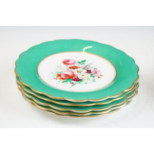 67 - Late 19th / early 20th century porcelain green glazed dessert set with hand painted floral decoratio... 