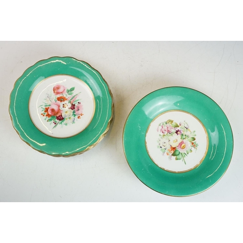 67 - Late 19th / early 20th century porcelain green glazed dessert set with hand painted floral decoratio... 