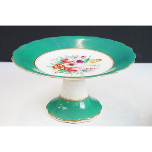 67 - Late 19th / early 20th century porcelain green glazed dessert set with hand painted floral decoratio... 