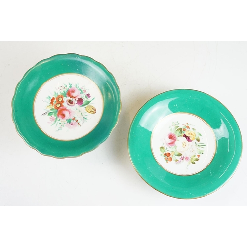 67 - Late 19th / early 20th century porcelain green glazed dessert set with hand painted floral decoratio... 