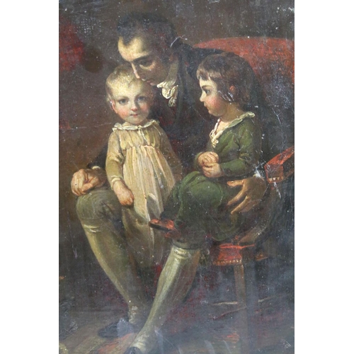 535 - 19th century English School, man with two children, oil on panel, indistinctly inscribed on tape ver... 