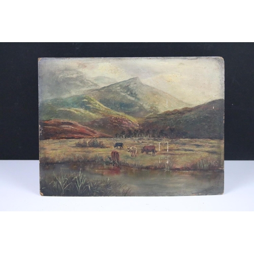 536 - Taylor, cattle by a stream with mountains beyond, oil on board, inscribed Taylor lower right, 22.5 x... 