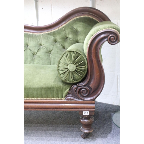 643 - Victorian mahogany framed chaise longue of scrolled form with green upholstery, approx 175cm wide x ... 