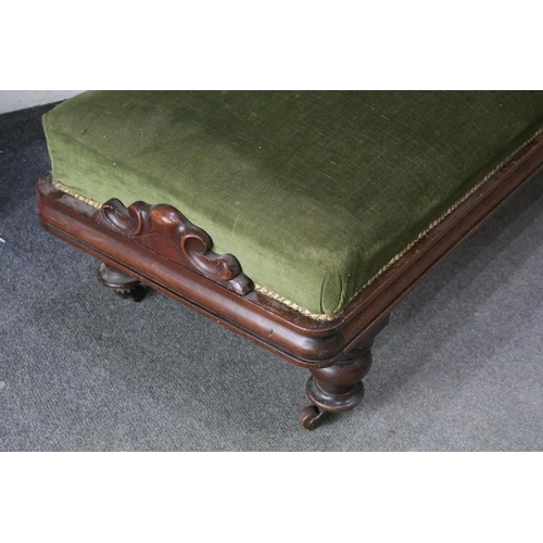 643 - Victorian mahogany framed chaise longue of scrolled form with green upholstery, approx 175cm wide x ... 