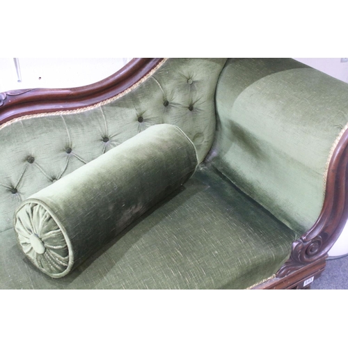 643 - Victorian mahogany framed chaise longue of scrolled form with green upholstery, approx 175cm wide x ... 