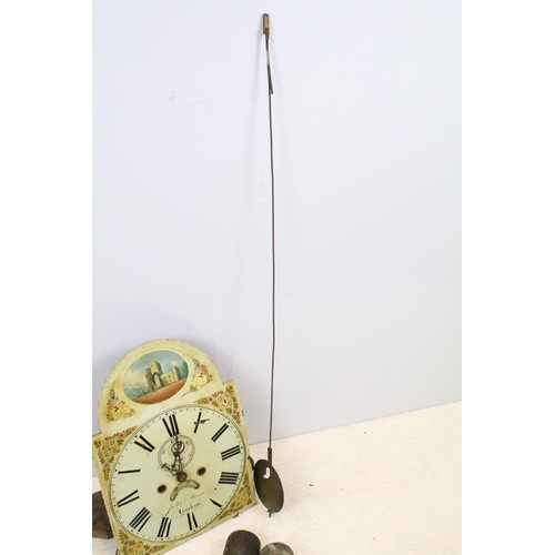 506 - Antique longcase clock movement, with dial (floral decorated with subsidiary seconds dial), weights ... 