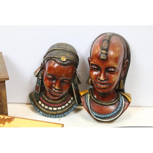 512 - Two Achatit face wall masks, Staunton set of boxwood chessmen, a set of backgammon pieces, a set of ... 