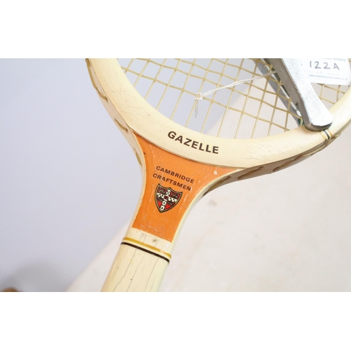 122A - Grays of Cambridge Gazelle tennis racket with metal racket press, made in England by Grays, Cambridg... 