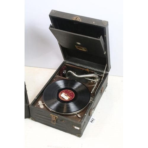 443 - Two table top portable record players to include Decca (R.D.631877) and a HMV His Master's Voice rec... 