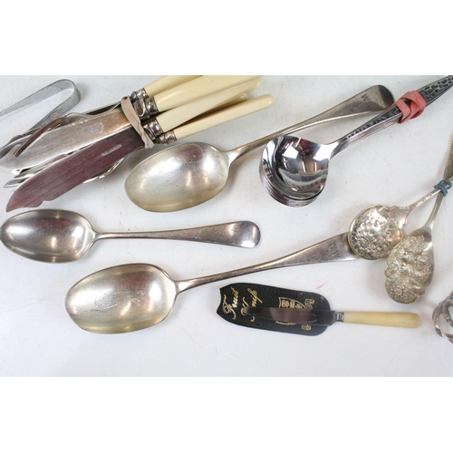 444 - Collection of silver plated flatware, featuring mother of pearl handled and kings pattern examples