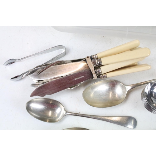 444 - Collection of silver plated flatware, featuring mother of pearl handled and kings pattern examples